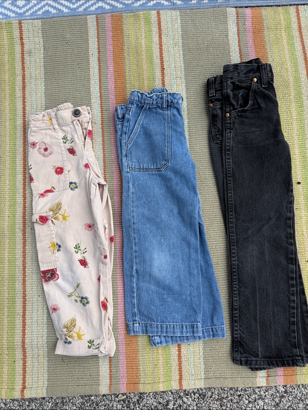 Kids Floral Cargo Pants, Denim Crop Pants, and Black Jeans - Set of 3
